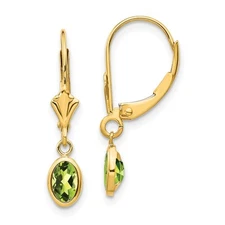 14k Yellow Gold Oval Bezel August Peridot Leverback Drop & Dangle Earrings
