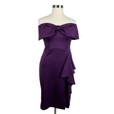 XSCAPE Women's Cocktail Dress Size 16 Purple Off the Shoulder Ruffled Sheath