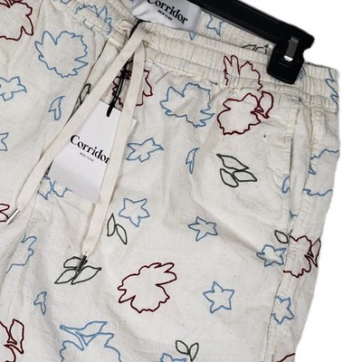 NEW Corridor New York Shorts Men's S White Linen Blend Geometric All Over Print