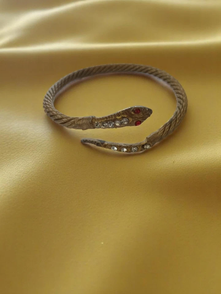 Bracelet serpent vintage doré strass, bijou rétro métal doré années 70 - Photo 1/1