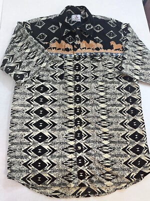 Real Work Wear Western Shirt Horse Print Mens Large Geometric Button Up