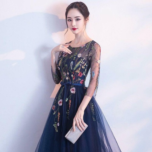 Mujeres Cuello Redondo Bordado Vestido Encaje Malla Cóctel Noche Fiesta Boda Floral - Imagen 8 de 11