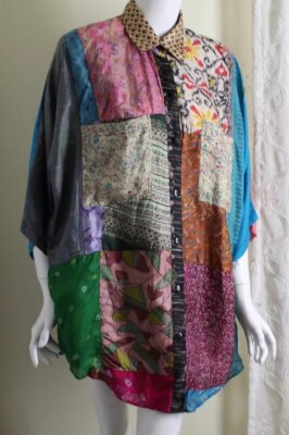 Sacred Threads Sz S M L Lagenlook Art-to-Wear Vintage 100% Silk Tunic Shirt Top 