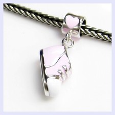 Sterling Silver Lovely Baby Girl Shoe Pink Rose Bead f/ European Charm Bracelets