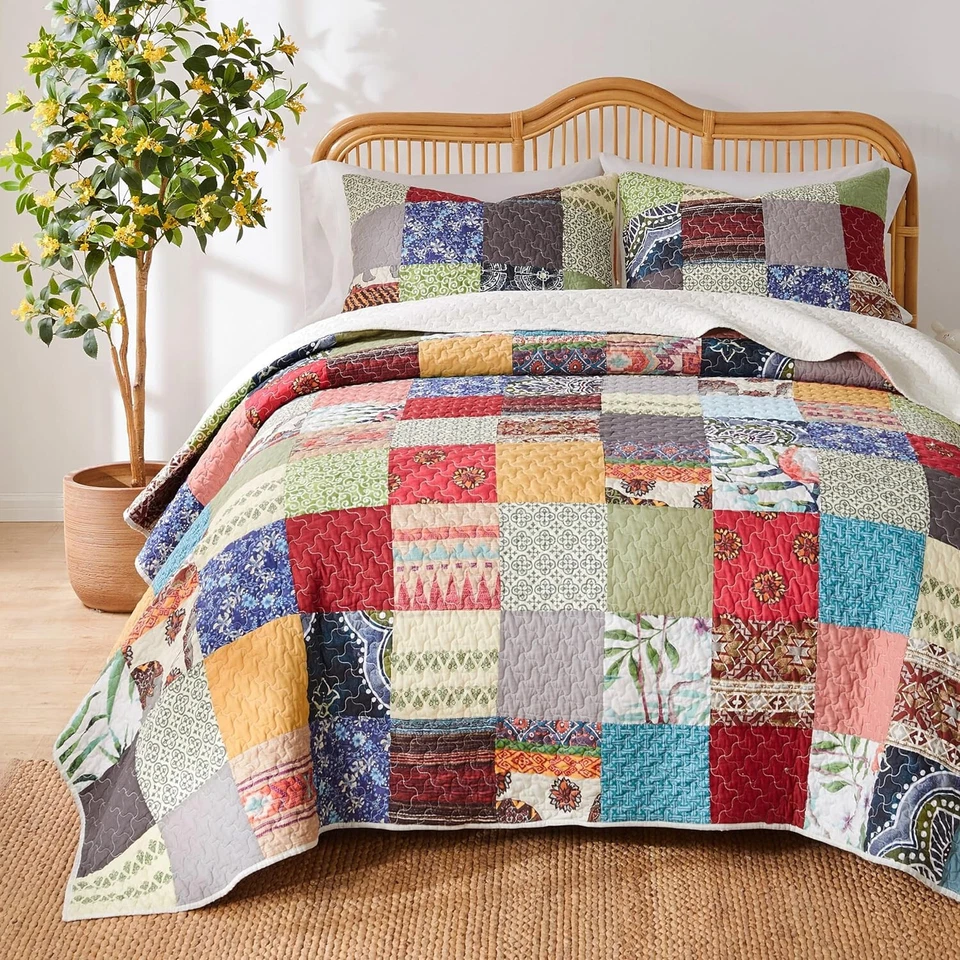 BOHO FARMHOUSE 3p Queen QUILT SET : RENEE COTTON PATCHWORK RED BLUE COUNTRY - Image 2 of 4