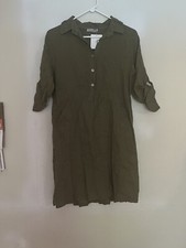 Elena Baldi Made in Italy 100 linen woman Olive Green roll tab sleeve dress