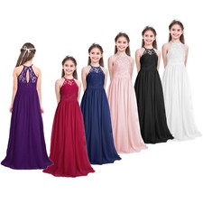 Girls Princess Long Dress Lace Chiffon Sleeveless Halter Wedding Party Gown