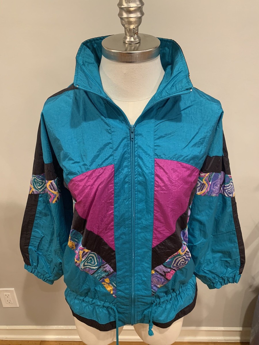 Vintage 80s Windbreaker Pro Spirit Size XL Teal Purple Geometric