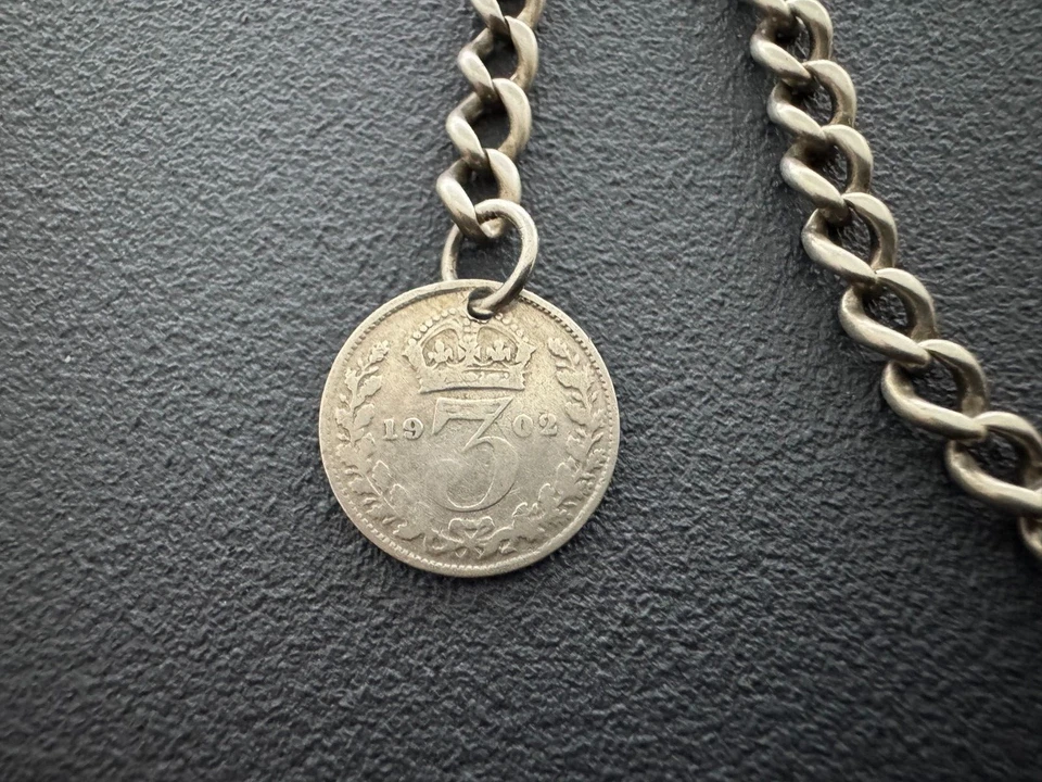 Antigua cadena de reloj Albert única de plata esterlina y llavero de moneda de la suerte 11 Foto 3 de 4