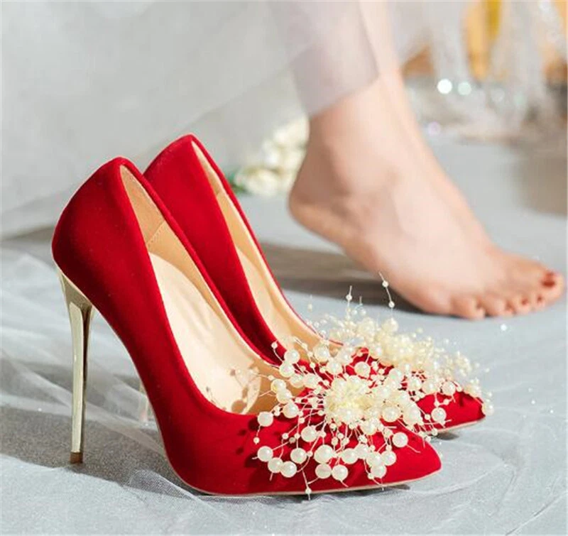 Women Stilettos High Heels Pointy Toe Slip On Pearl Beads Floral Wedding Pumps