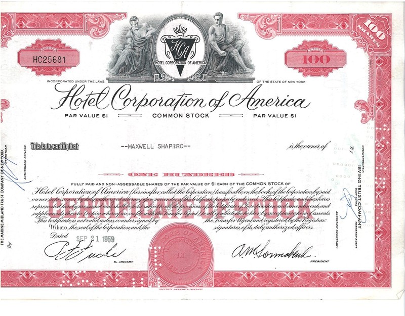 Hotel Corporation of America  Stock Certificate