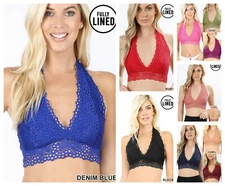Women Plunge  Stretch Lace Halter Bralette Bra Fully Lined Cropped Top S-3X