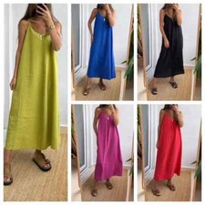 Summer Loose Spaghetti Strap Dresses Women Solid Color V-neck Casual.