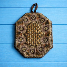 Antique 19th Century Folk Art Needlework Lamp Mat Pot Holder Wool Worsted