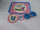 Vtg The OHIO ART Co Childs Tin Tea Set R/W Checkerboard w/Little Girl & Blue Pup