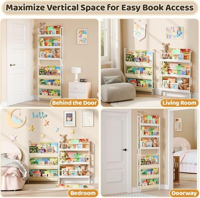 Kids Bookshelf - Wall Mounted 6-Tier Book Shelf for Kids Rooms, behind the Do...
