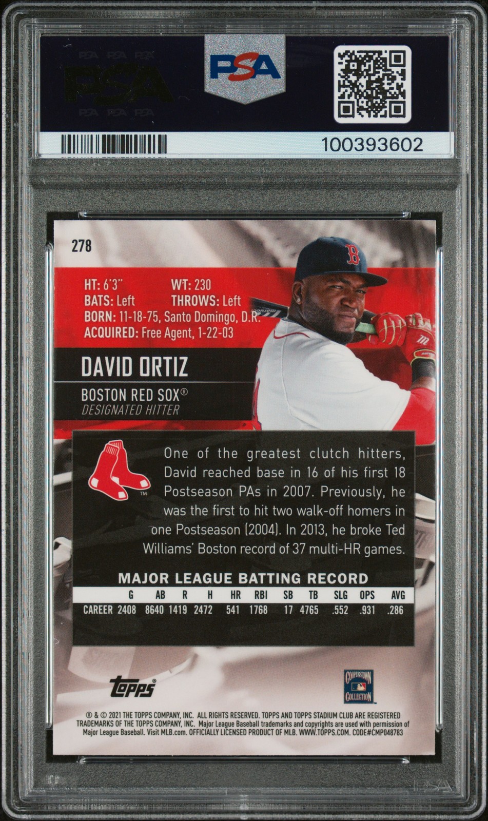 2021 TOPPS STADIUM CLUB CHROME #278 DAVID ORTIZ PSA 10 view 2
