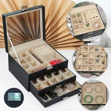 3-Layer Jewelry Organizer with Glass Lid & Drawers Jewelry Storag Box for Women.