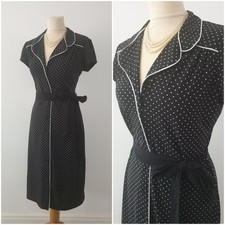 Vintage 1940s 1950s Style Black White Polka-dot Tea Dress Size 14