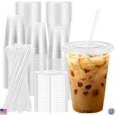 100 Pack 16 oz Clear Plastic Cups with Lids  Straws for Iced Coffee  Drinks
