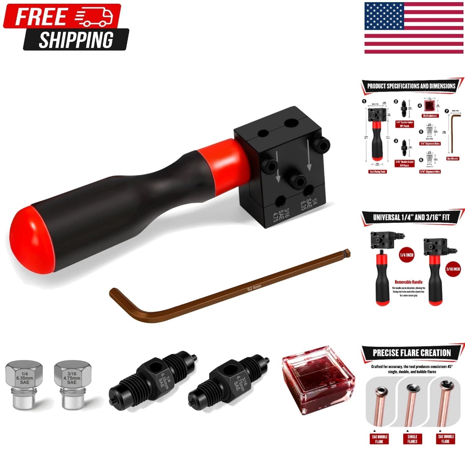 Brake Line Flaring Tool Kit 7-Piece for 1/4", 3/16" SAE Double & Bubble Flare...