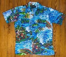 Vintage Hawaiian Shirt Rainbow 1970s Polynesian Tiki Ocean Surf Med 60s LGBTQ