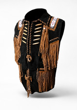 Men's Native American Western Suede Leather Black Vest Fringe Beaded Cowboy Coat