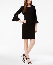 Calvin Klein Black Gold Bell Sleeve Grommet Trim Stretch Sheath Dress 4 $139