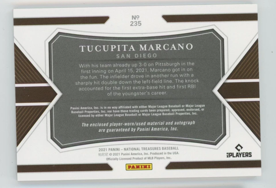 Tucupita Marcano 2021 Panini National Treasures RC Auto /99 Jersey #235 San - Image 2 of 2
