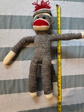 Schylling Sock Monkey Plush 21  Brown White Pom Pom Hat Stuffed Animal