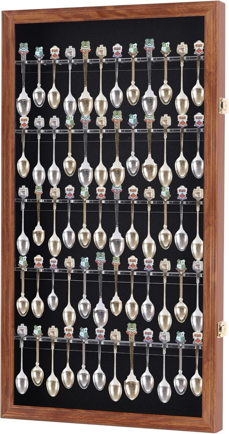 DisplayGifts 60 Souvenir Spoon Tea Display Case Rack Holder Wall Small, Walnut