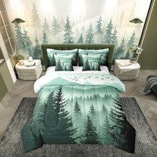 Olive Green Queen Comforter Set with Sheets 7 Piece Mountain Pine Tree Forest...