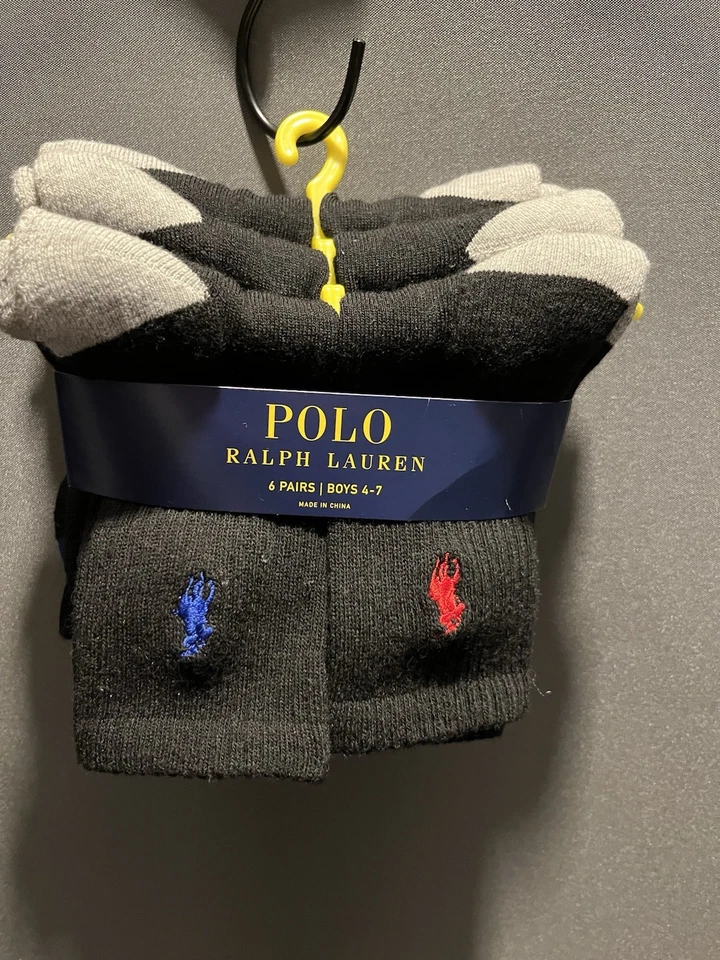 NUEVO CON ETIQUETAS Polo Ralph Lauren Niños Calcetines Atléticos Crew Paquete de 6 4-7 Negros/Multi Foto 2 de 4