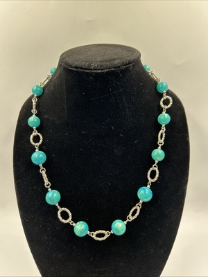 Vintage Boho Turquoise & Oval Flat Shaped with Silver tone Beads 24  Necklace