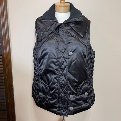 Lane Bryant Black Quilted Puffer Vest Satin Silver Crest Buttons Womens 14/16
