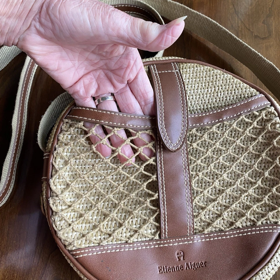 De Colección ETIENNE AIGNER Cartera Tejido Yute Paja Cuero Redondo Bolso Bandolera Pandereta Foto 4 de 4