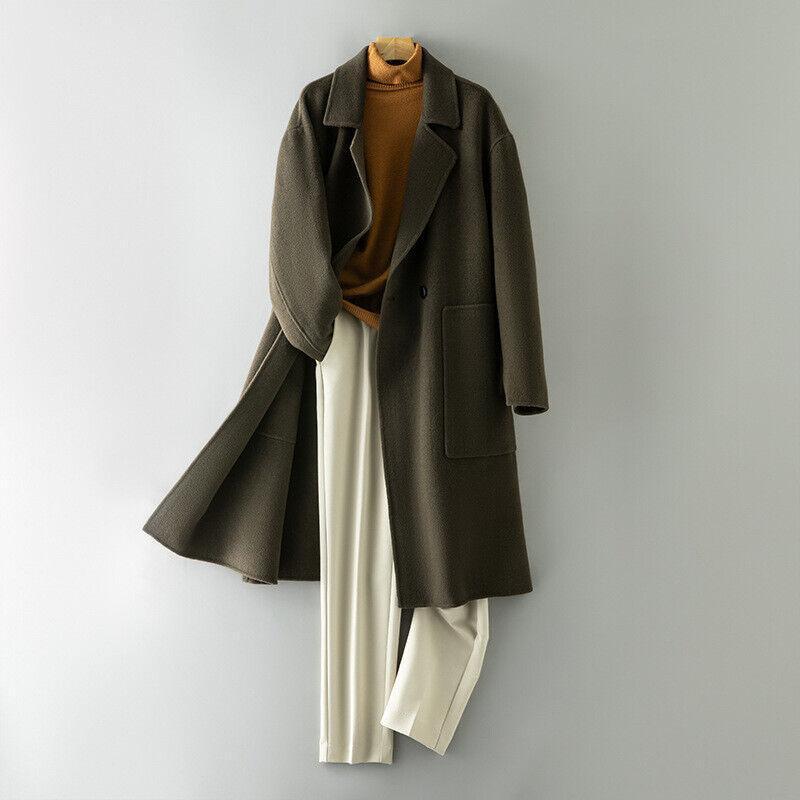 100% Wool Loose Fit Lapel Collar Long Trench Coat Men's Overcoat Double Breasted