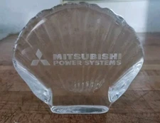 Vintage Mitsubishi Logo Advertising Clear Glass Engraved Sea Shell Paperweight