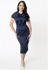 Collectif Dress Size 10 S Cameron Navy Satin Mesh Top Tie Vintage style 50s