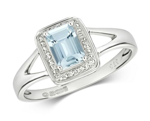 Real Aquamarine and Diamond Ring Solid White Gold Emerald Cut Cluster Size J-Q - Picture 3 of 7