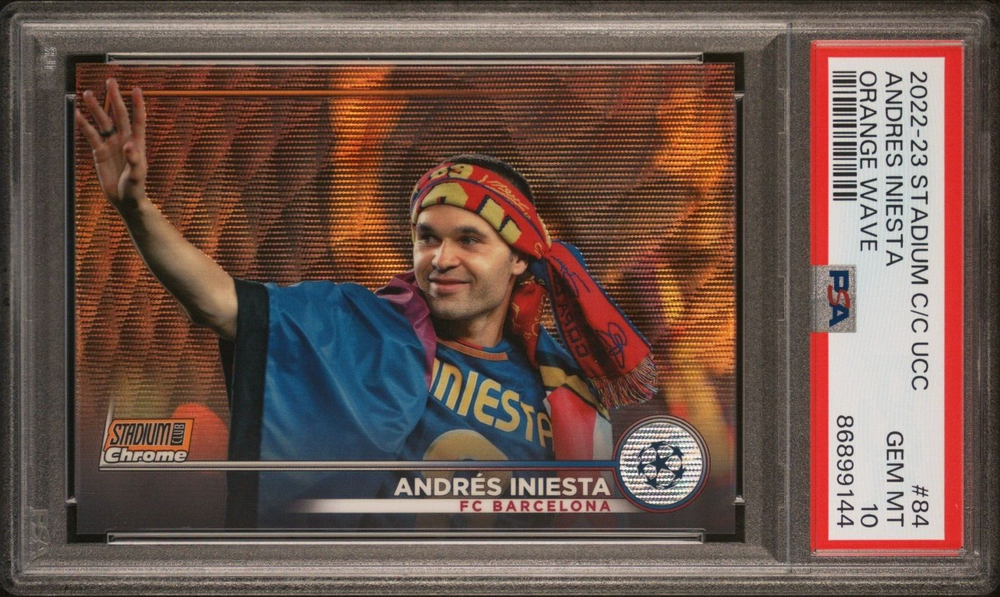 2022-23 Topps Stadium Club Chrome UEFA 84 Andres Iniesta Orange Wave /25 PSA 10