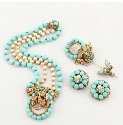 1940 Set 3 Miriam Haskell Aqua Robins blue Necklace Earrings Pin Vintage Antique