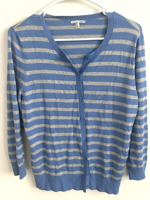Halogen Women’s Cardigan Sweater Size Large Blue Gray Striped Button Front  Knit
