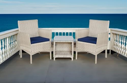 Outdoor Wicker Conversation 3 Piece Bistro Set Garden Patio Gray- Navy Blue - Picture 3 of 8