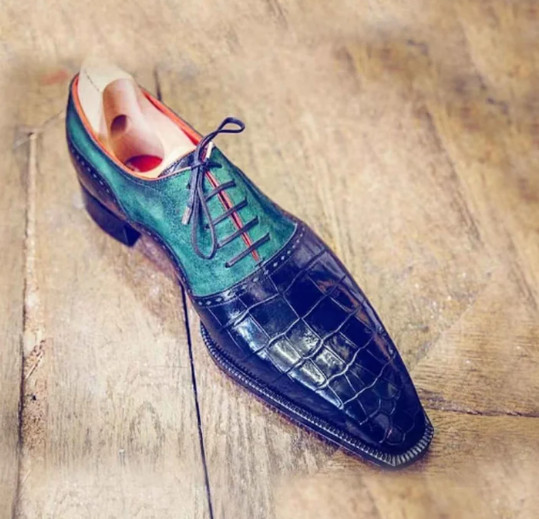 Compra nuevos zapatos Oxford de corte completo hechos a mano con cordones para hombre con textura de crock azul