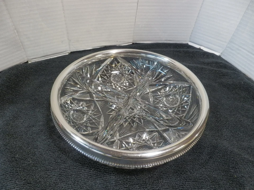 RARO circa 1907 Gorham 8"" cristal de plomo cuenco dividido con borde de plata de ley Foto 3 de 4