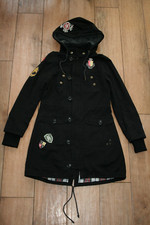 Henleys Hooded Parka Coat Size 8 Applique Badges Tartan Lined Long Adjustable