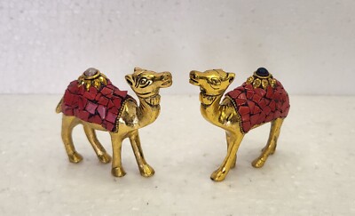 Antique Metal Brass Polish With Red Stone Work Metal Camel Set Of 2 Handcrafted