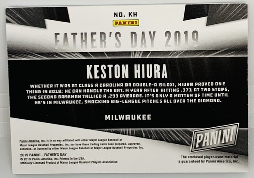 2019 Panini Father's Day Keston Hiura RARE 1/1 Cap Hat Button Patch MIL Brewers - Picture 3 of 3