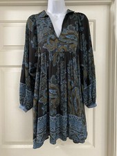 Free People Blue Green Paisley Satin Peasant Boho Shirt Dress Womens XS